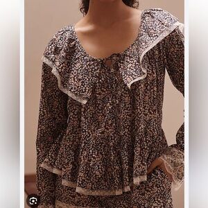 Anthropologie Floral Ruffle Blouse - Black and White
